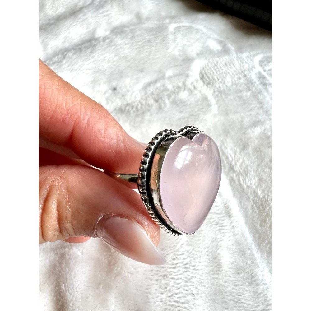 925 Self Love Heart ❤️ Rose Quartz Ring 8 3/4 - Picture 3 of 5